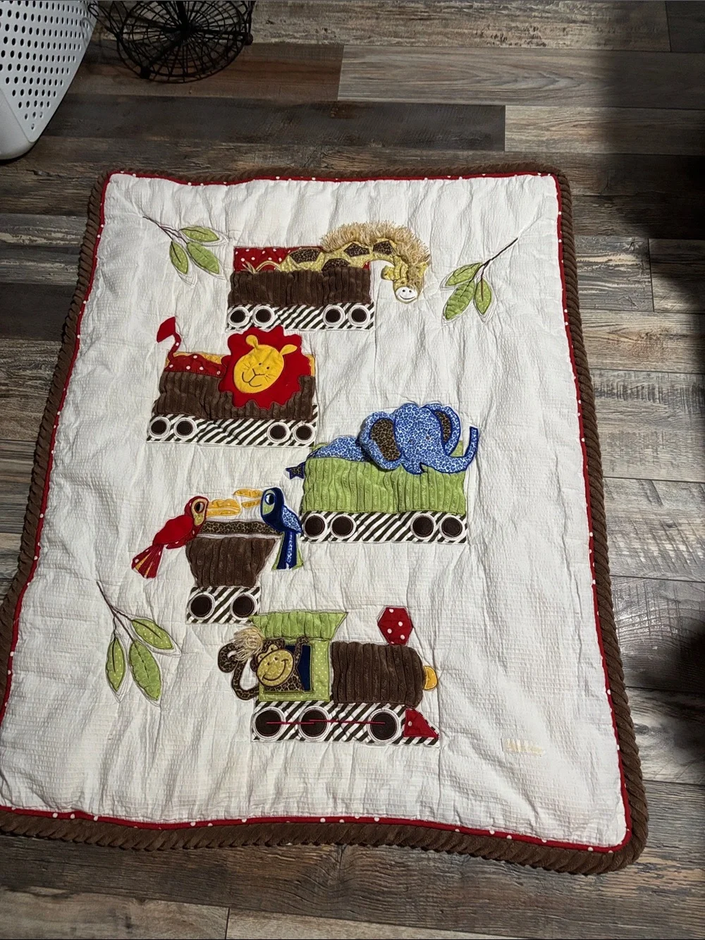 Neutral Cotton Baby Quilt in White and Brown with Red Accent #007